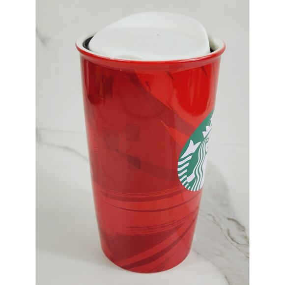 Starbucks Red Tall Travel Coffee Mug Tumbler Holiday 12oz Ceramic 6" Double Wall - Picture 8 of 14